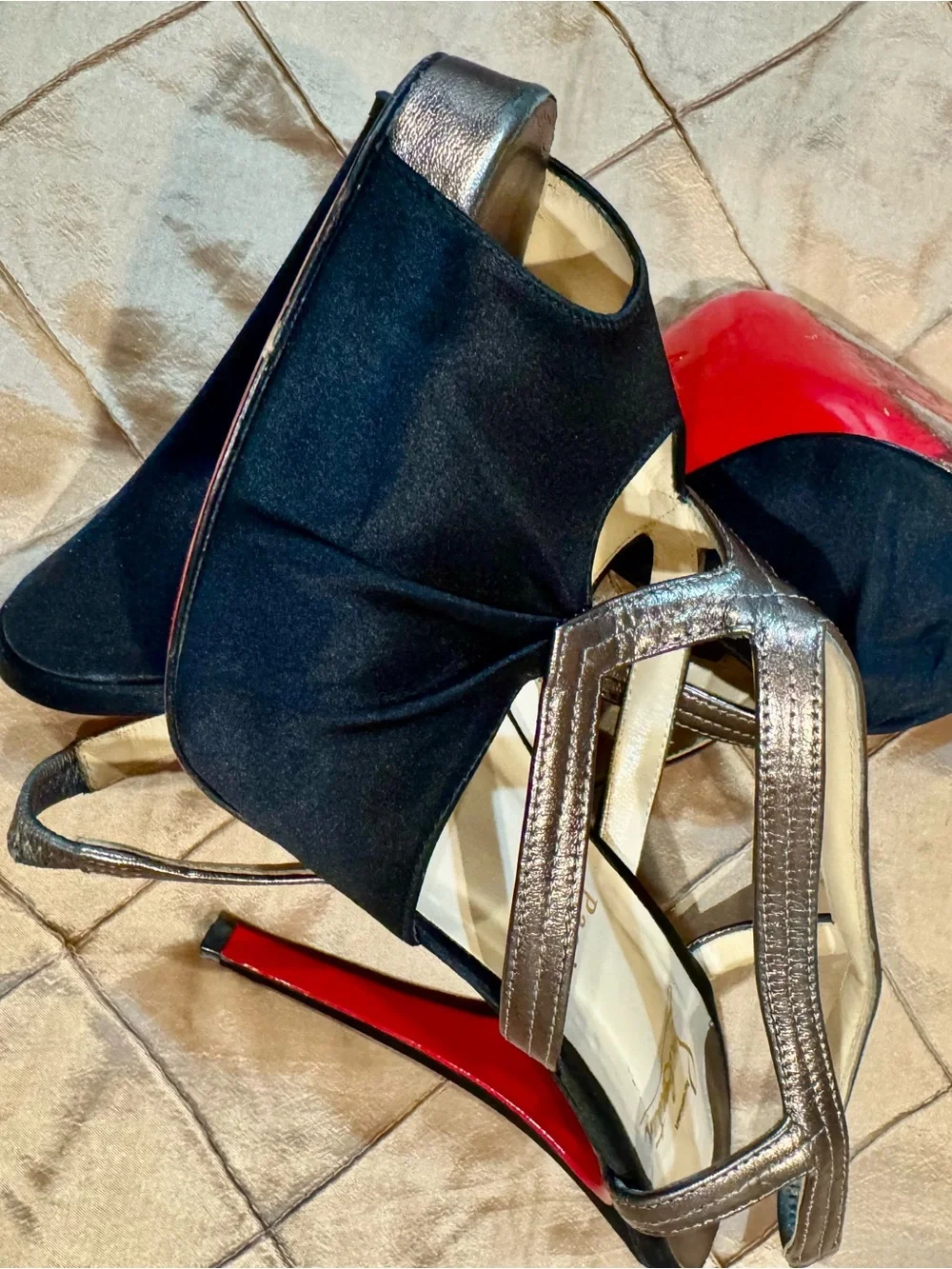 Christian Louboutin Black and Bronze Peep-Toe Slingback Heels